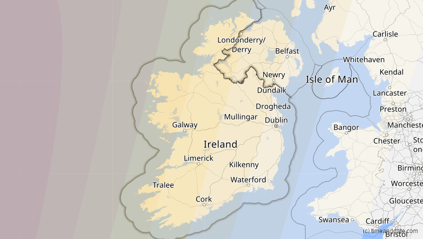A map of Irland, showing the path of the 8. Apr 2024 Totale Sonnenfinsternis