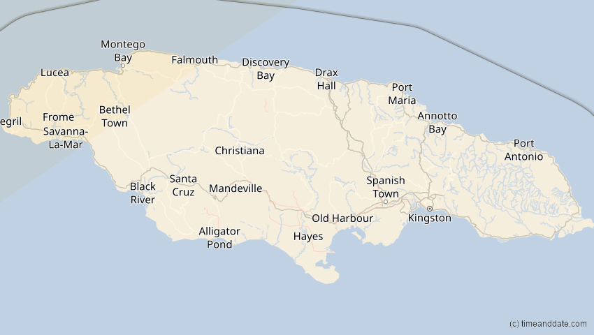 A map of Jamaica, showing the path of the Apr 8, 2024 Total Solar Eclipse
