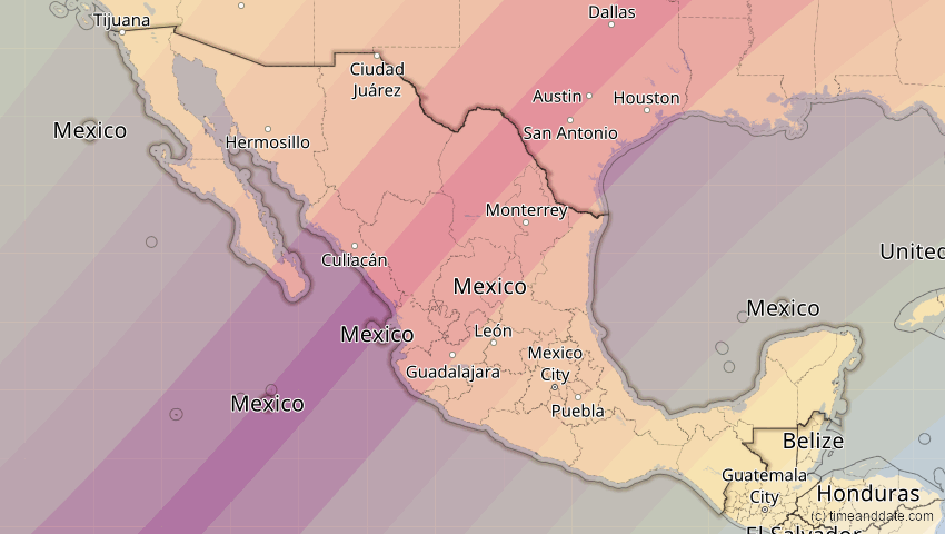 A map of Mexiko, showing the path of the 8. Apr 2024 Totale Sonnenfinsternis