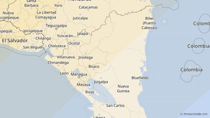 A map of Nicaragua, showing the path of the Apr 8, 2024 Total Solar Eclipse