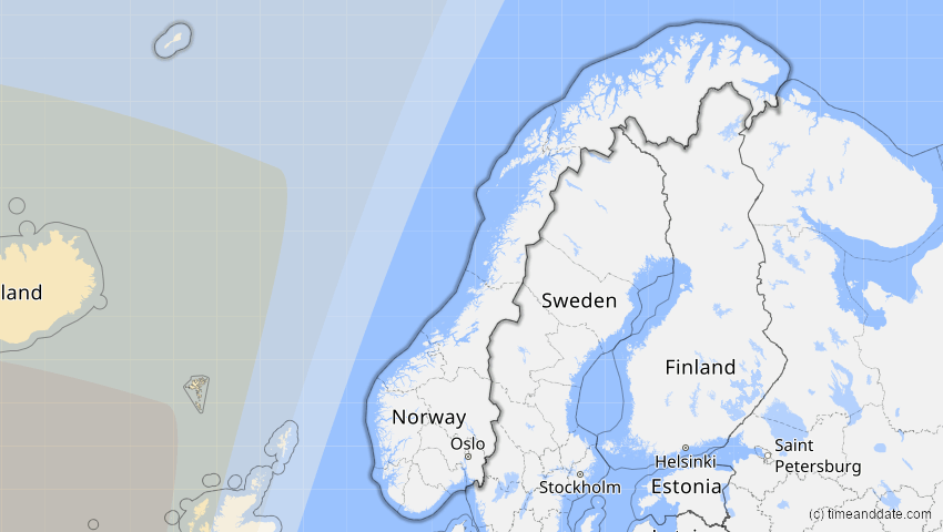 A map of Norwegen, showing the path of the 8. Apr 2024 Totale Sonnenfinsternis