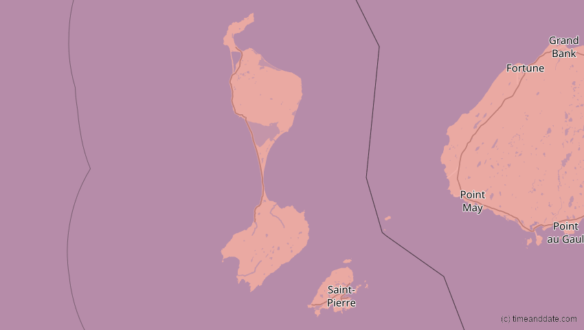 A map of Saint-Pierre und Miquelon, showing the path of the 8. Apr 2024 Totale Sonnenfinsternis