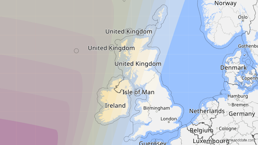 A map of United Kingdom, showing the path of the Apr 8, 2024 Total Solar Eclipse