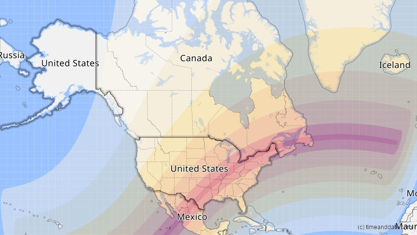 A map of United States, showing the path of the Apr 8, 2024 Total Solar Eclipse