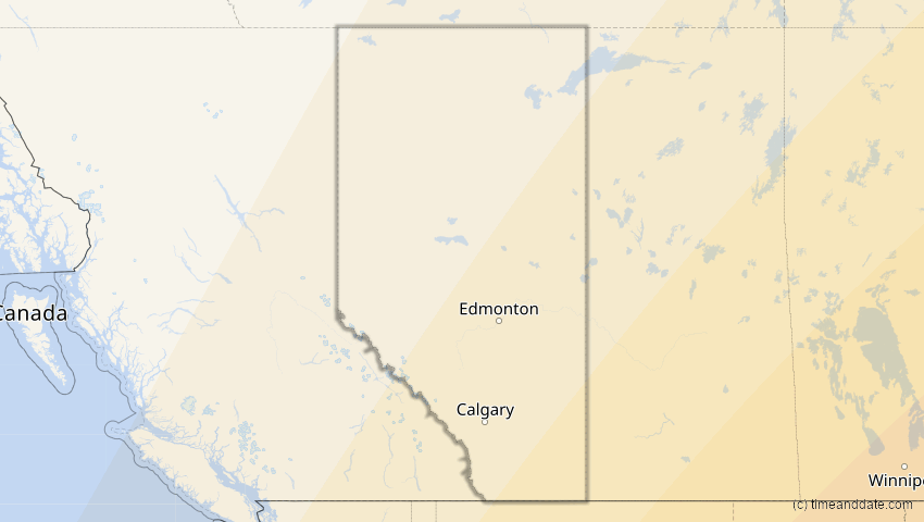 A map of Alberta, Canada, showing the path of the Apr 8, 2024 Total Solar Eclipse