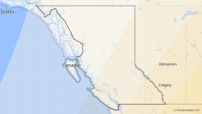 A map of British Columbia, Kanada, showing the path of the 8. Apr 2024 Totale Sonnenfinsternis