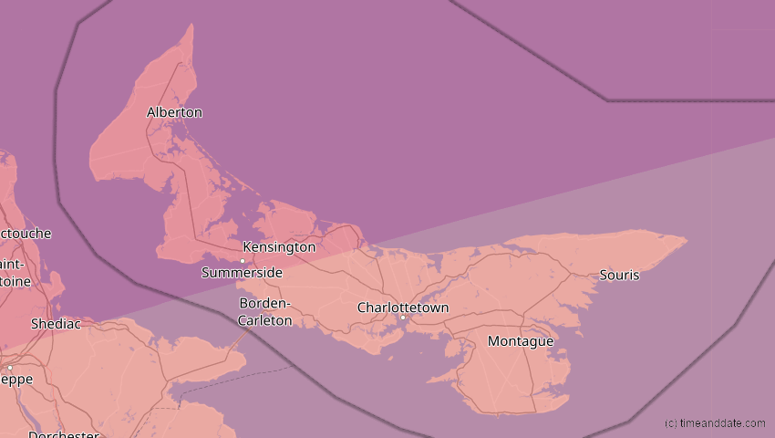 A map of Prince Edward Island, Canada, showing the path of the Apr 8, 2024 Total Solar Eclipse