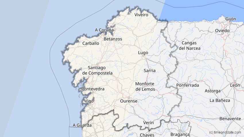 A map of Galicia, Spain, showing the path of the Apr 8, 2024 Total Solar Eclipse