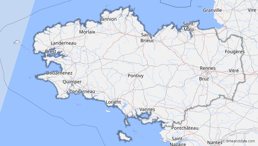 A map of Bretagne, France, showing the path of the Apr 8, 2024 Total Solar Eclipse