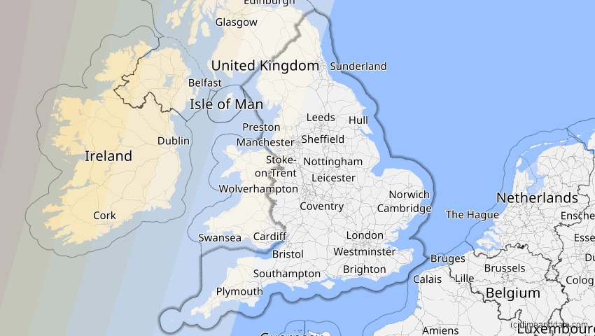 A map of England, United Kingdom, showing the path of the Apr 8, 2024 Total Solar Eclipse