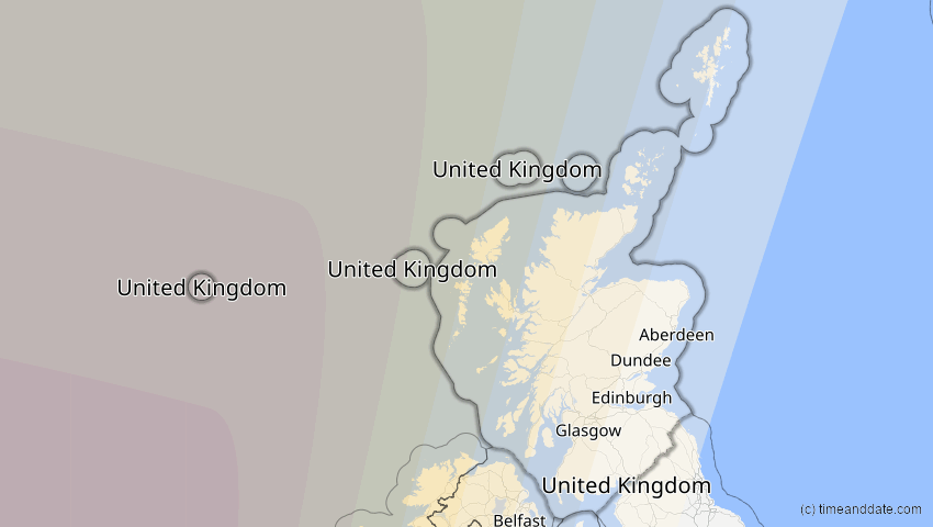 A map of Scotland, United Kingdom, showing the path of the Apr 8, 2024 Total Solar Eclipse