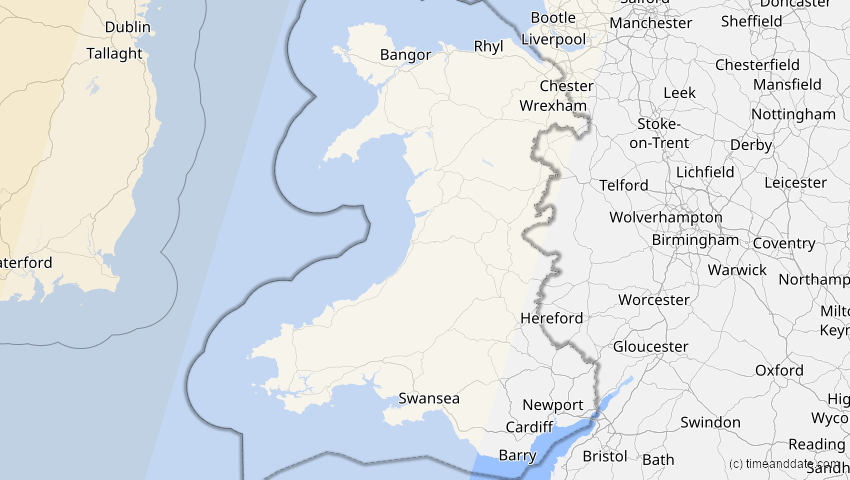A map of Wales, United Kingdom, showing the path of the Apr 8, 2024 Total Solar Eclipse
