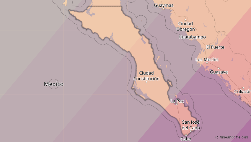 A map of Baja California Sur, Mexico, showing the path of the Apr 8, 2024 Total Solar Eclipse