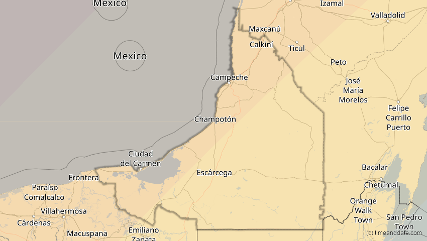 A map of Campeche, Mexiko, showing the path of the 8. Apr 2024 Totale Sonnenfinsternis