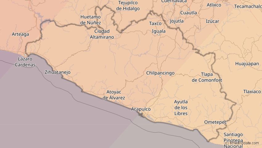 A map of Guerrero, Mexico, showing the path of the Apr 8, 2024 Total Solar Eclipse