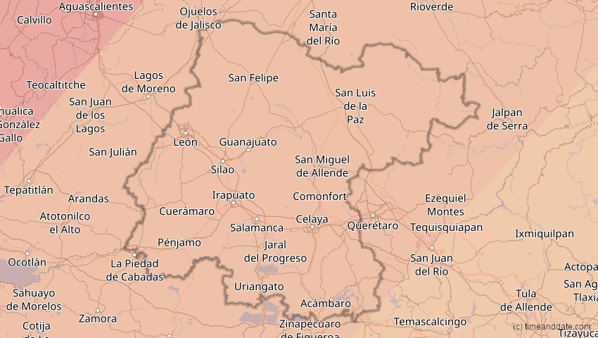 A map of Guanajuato, Mexiko, showing the path of the 8. Apr 2024 Totale Sonnenfinsternis