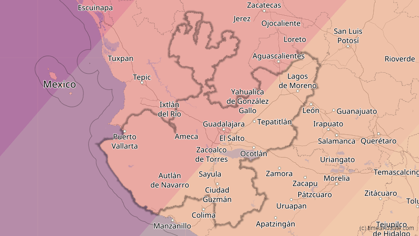 A map of Jalisco, Mexiko, showing the path of the 8. Apr 2024 Totale Sonnenfinsternis