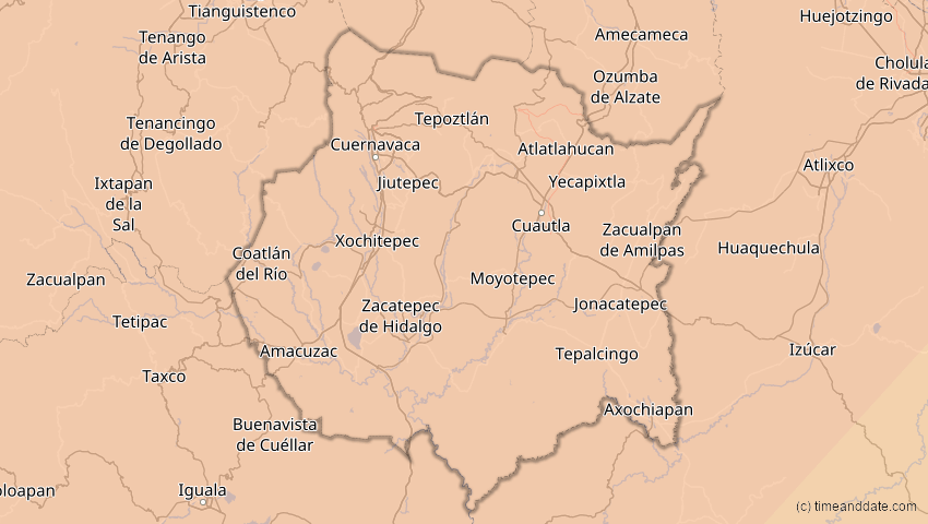 A map of Morelos, Mexiko, showing the path of the 8. Apr 2024 Totale Sonnenfinsternis