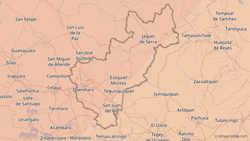 A map of Querétaro, Mexiko, showing the path of the 8. Apr 2024 Totale Sonnenfinsternis