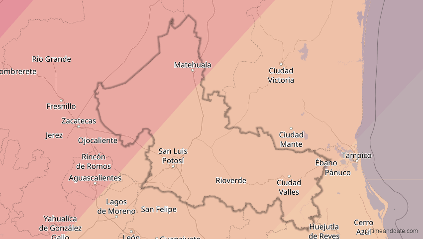 A map of San Luis Potosí, Mexiko, showing the path of the 8. Apr 2024 Totale Sonnenfinsternis