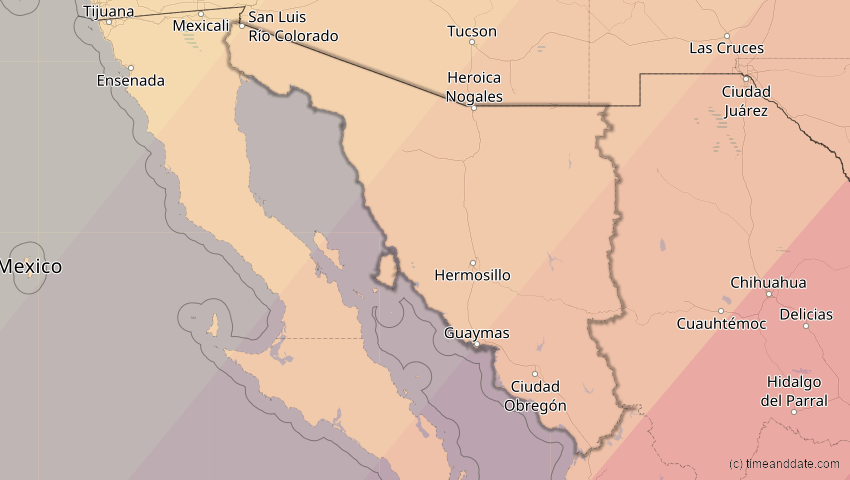 A map of Sonora, Mexiko, showing the path of the 8. Apr 2024 Totale Sonnenfinsternis