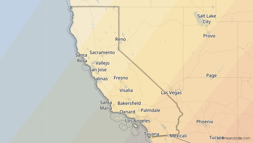 A map of California, United States, showing the path of the Apr 8, 2024 Total Solar Eclipse
