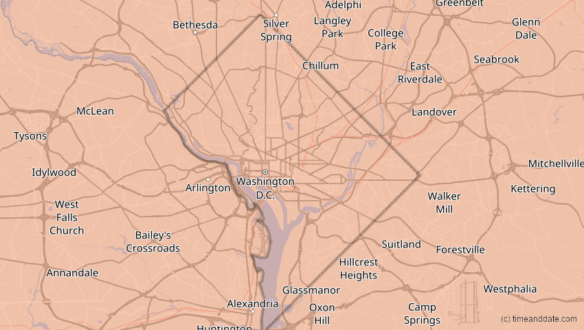 A map of District of Columbia, USA, showing the path of the 8. Apr 2024 Totale Sonnenfinsternis