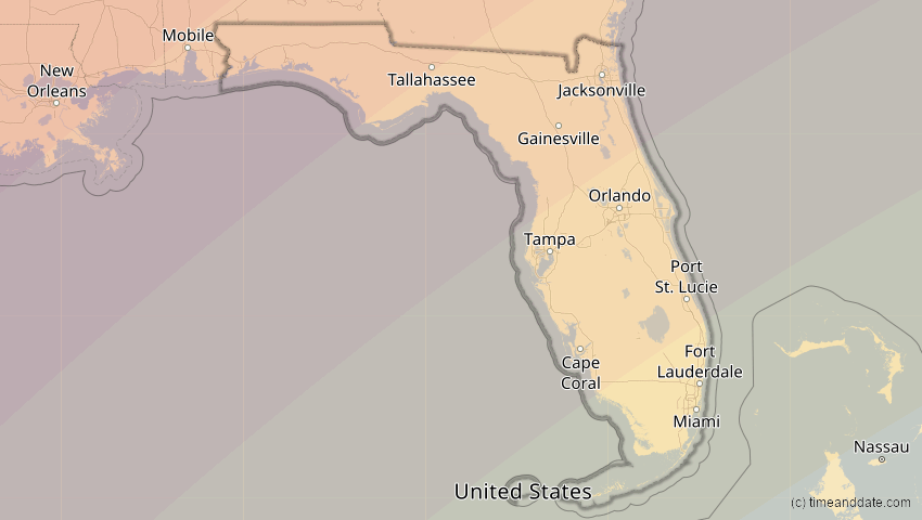 A map of Florida, United States, showing the path of the Apr 8, 2024 Total Solar Eclipse