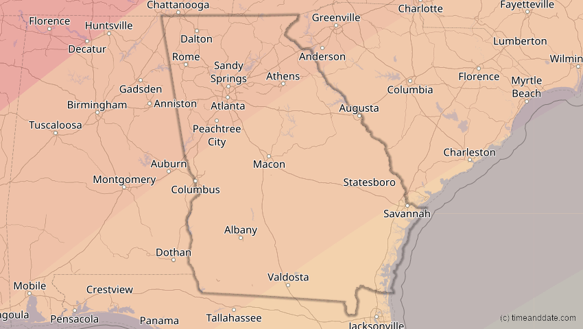 A map of Georgia, United States, showing the path of the Apr 8, 2024 Total Solar Eclipse
