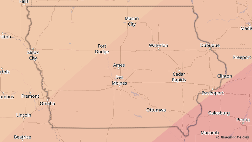 A map of Iowa, United States, showing the path of the Apr 8, 2024 Total Solar Eclipse