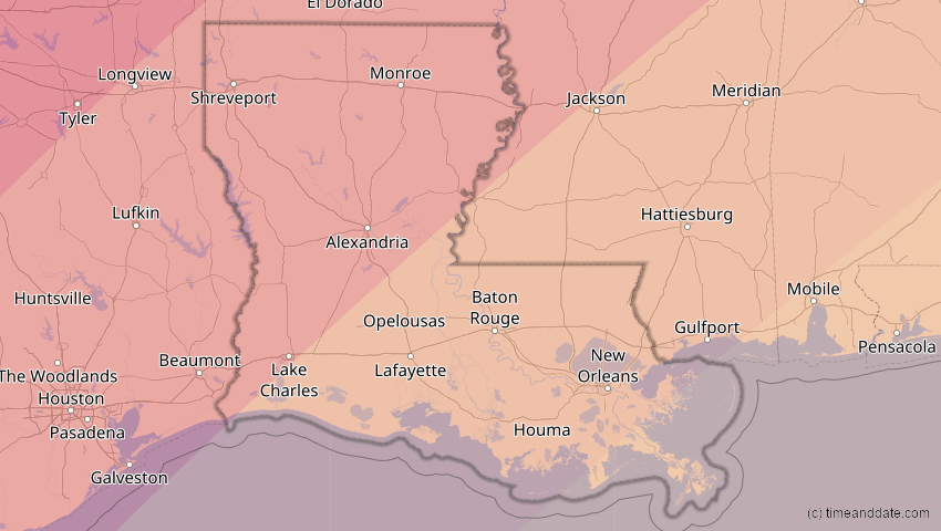 A map of Louisiana, USA, showing the path of the 8. Apr 2024 Totale Sonnenfinsternis
