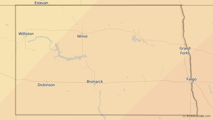 A map of North Dakota, United States, showing the path of the Apr 8, 2024 Total Solar Eclipse