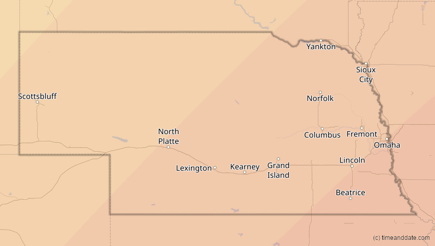 A map of Nebraska, United States, showing the path of the Apr 8, 2024 Total Solar Eclipse
