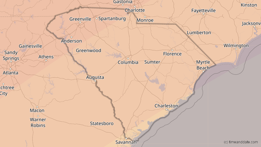 A map of South Carolina, United States, showing the path of the Apr 8, 2024 Total Solar Eclipse