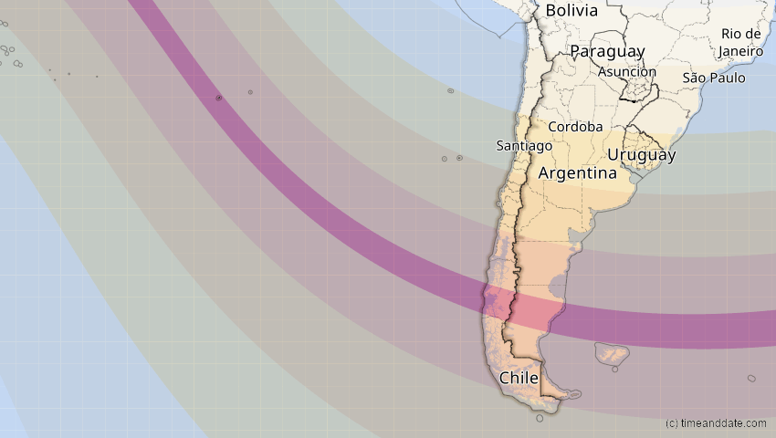 A map of Chile, showing the path of the Oct 2, 2024 Annular Solar Eclipse