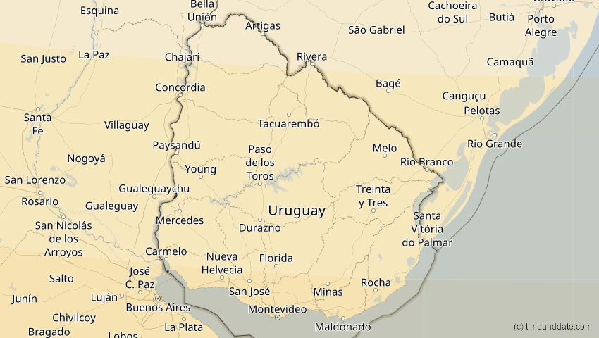 A map of Uruguay, showing the path of the Oct 2, 2024 Annular Solar Eclipse