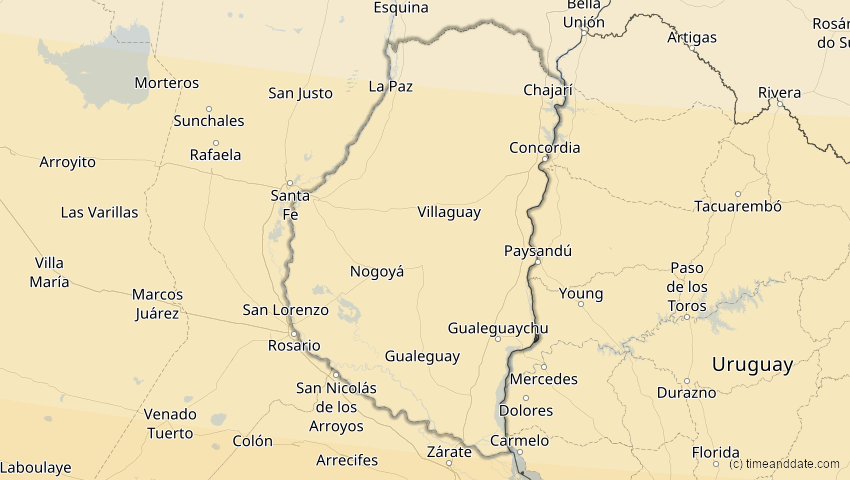 A map of Entre Rios, Argentina, showing the path of the Oct 2, 2024 Annular Solar Eclipse