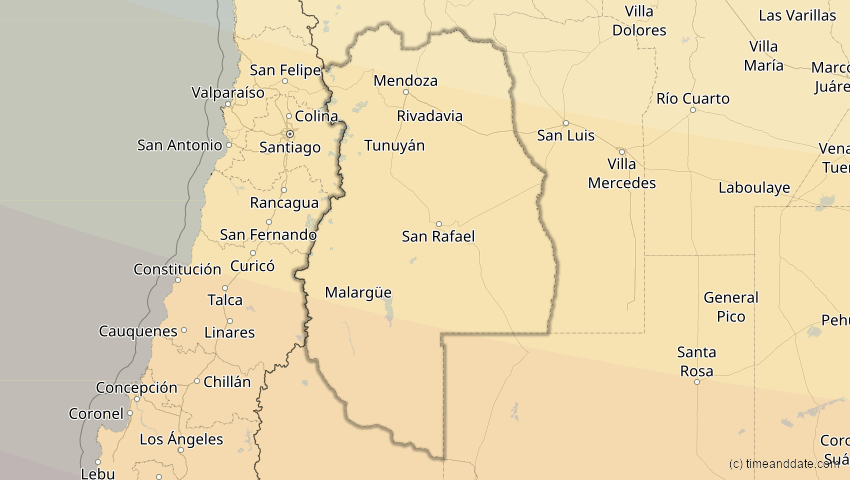 A map of Mendoza, Argentina, showing the path of the Oct 2, 2024 Annular Solar Eclipse