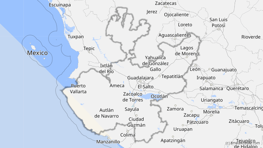 A map of Jalisco, Mexiko, showing the path of the 2. Okt 2024 Ringförmige Sonnenfinsternis