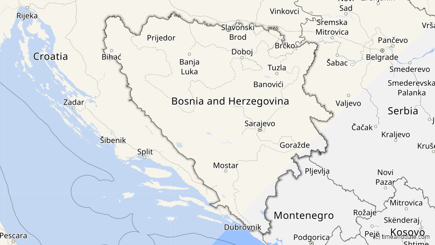 A map of Bosnia and Herzegovina, showing the path of the Mar 29, 2025 Partial Solar Eclipse