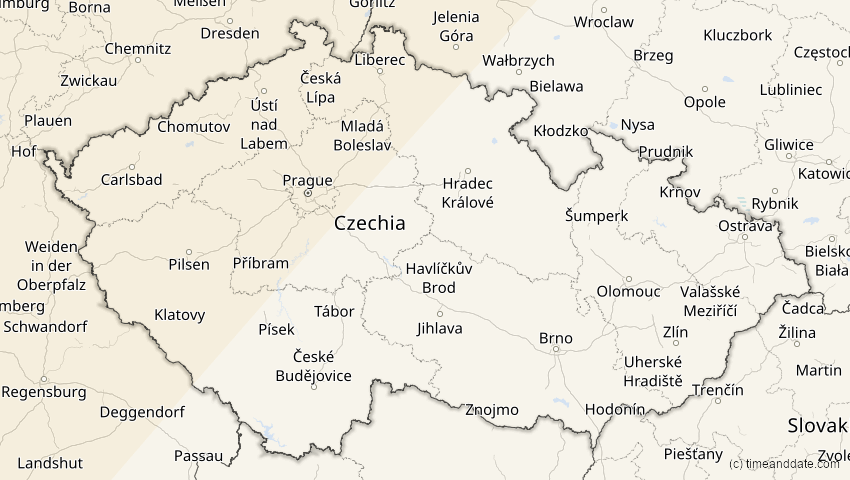 A map of Czechia, showing the path of the Mar 29, 2025 Partial Solar Eclipse