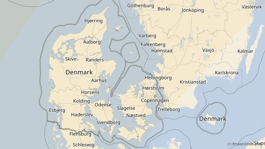 A map of Denmark, showing the path of the Mar 29, 2025 Partial Solar Eclipse