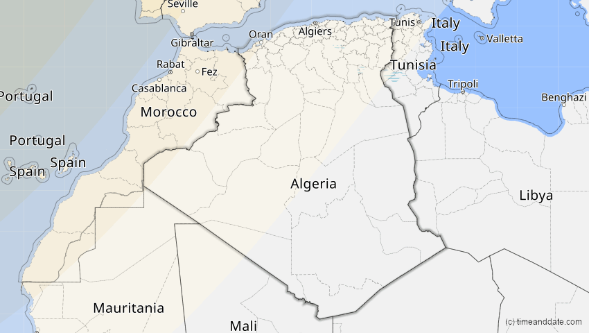 A map of Algeria, showing the path of the Mar 29, 2025 Partial Solar Eclipse