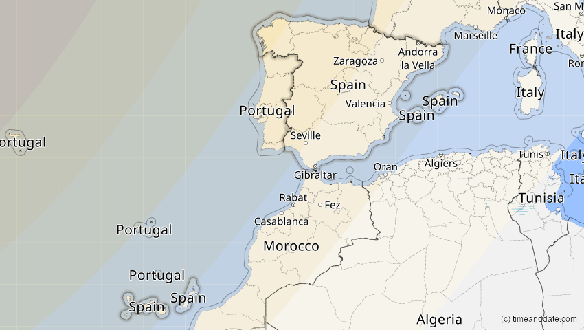 A map of Spain, showing the path of the Mar 29, 2025 Partial Solar Eclipse