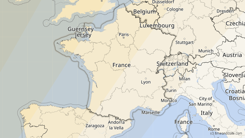 A map of France, showing the path of the Mar 29, 2025 Partial Solar Eclipse