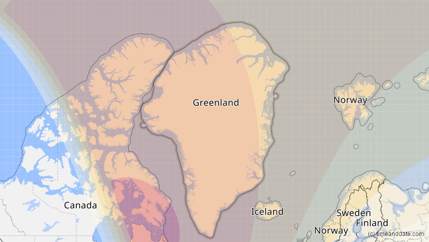 A map of Greenland, showing the path of the Mar 29, 2025 Partial Solar Eclipse