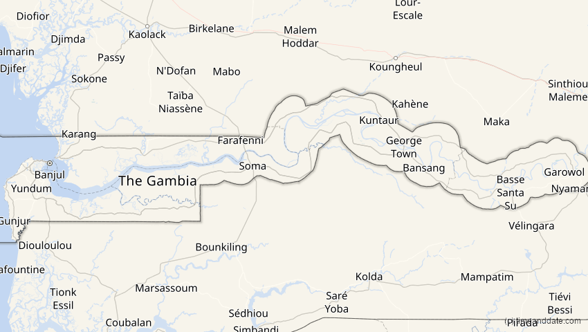 A map of Gambia, showing the path of the 29. Mär 2025 Partielle Sonnenfinsternis