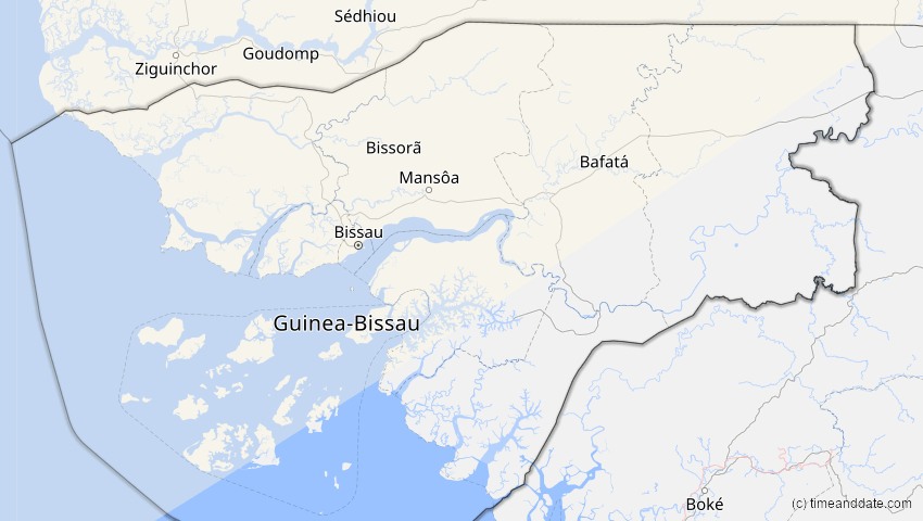 A map of Guinea-Bissau, showing the path of the Mar 29, 2025 Partial Solar Eclipse