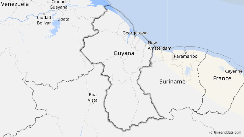 A map of Guyana, showing the path of the 29. Mär 2025 Partielle Sonnenfinsternis