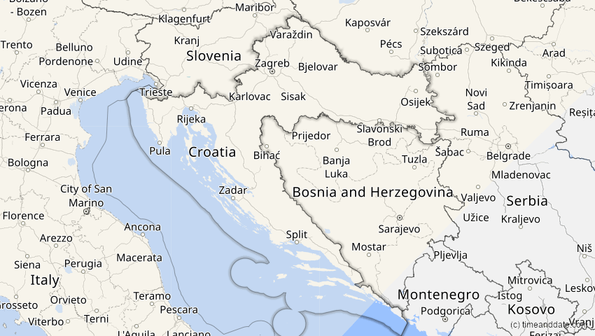 A map of Croatia, showing the path of the Mar 29, 2025 Partial Solar Eclipse